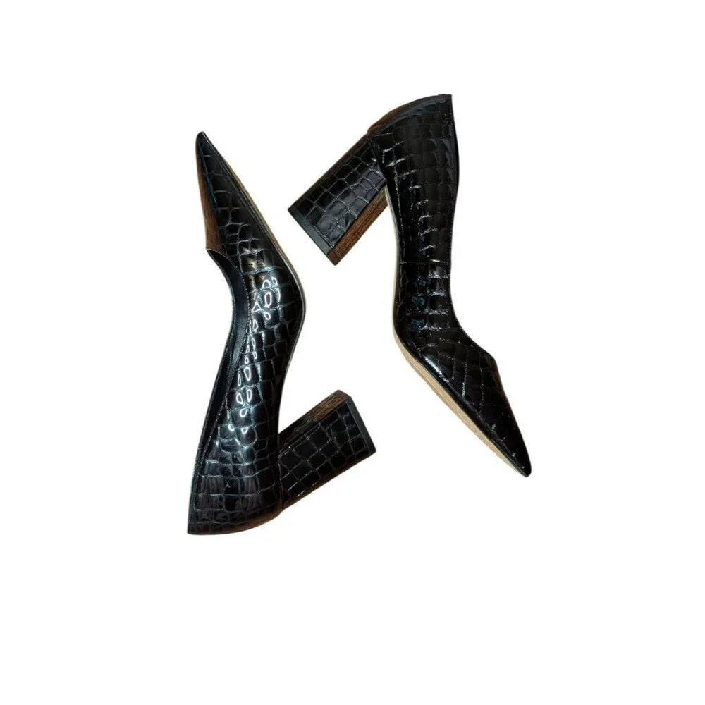 Vince Camuto Black Croc Embossed Leather Pointed Toe Block Heel Pumps Size 9M